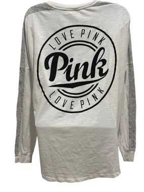 VICTORIAS SECRET PINK Women’s Raglan Style Long Sleeve Tshirt White Gray Medium